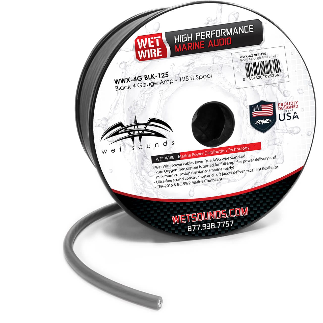 Wet Sounds Black Frosted 4 GA Wet Wire 4 Gauge Amplifikatör Kablosu - 125 Ft Makara - Tekne Ses Sistemi