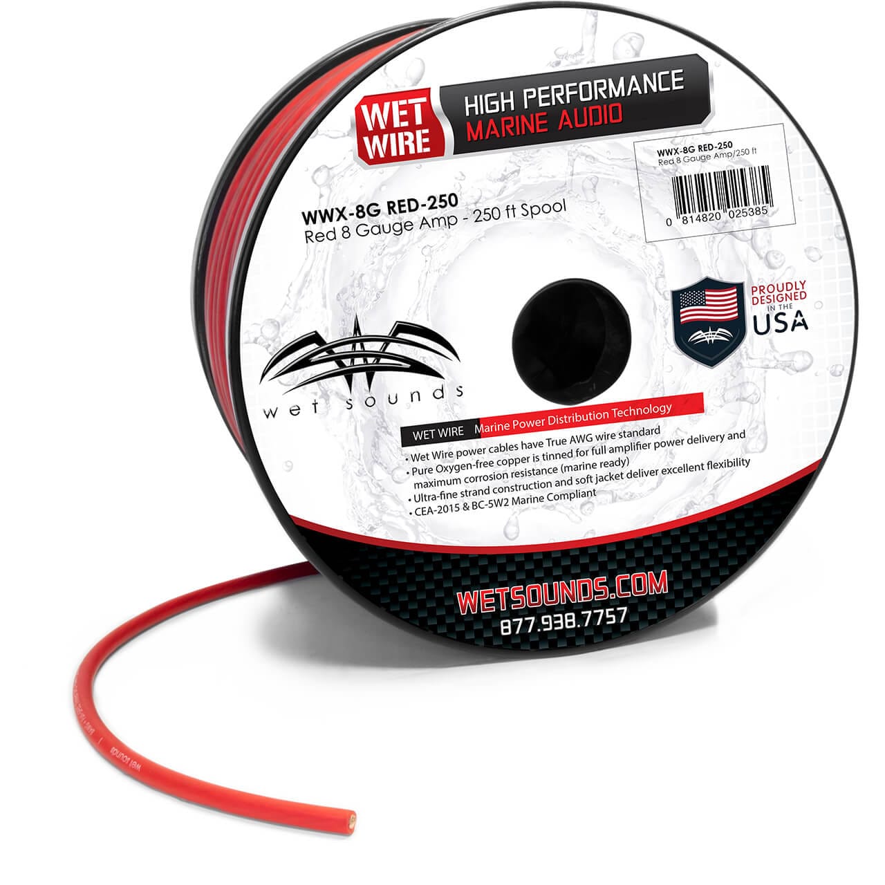 Wet Sounds Red Frosted 8 GA Wet Wire 8 Gauge Amplifikatör Kablosu - 250 Ft Makara - Tekne Ses Sistemi
